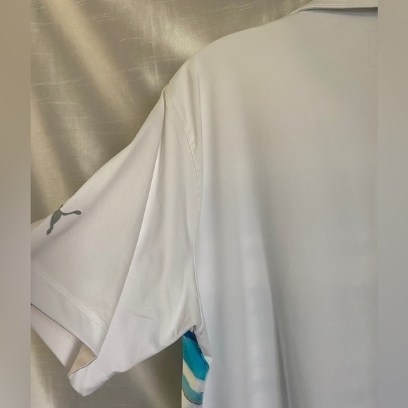 Puma Polo Golf Shirt Dry Cell White with Blue Stripes Mens Lg - Picture 11 of 13